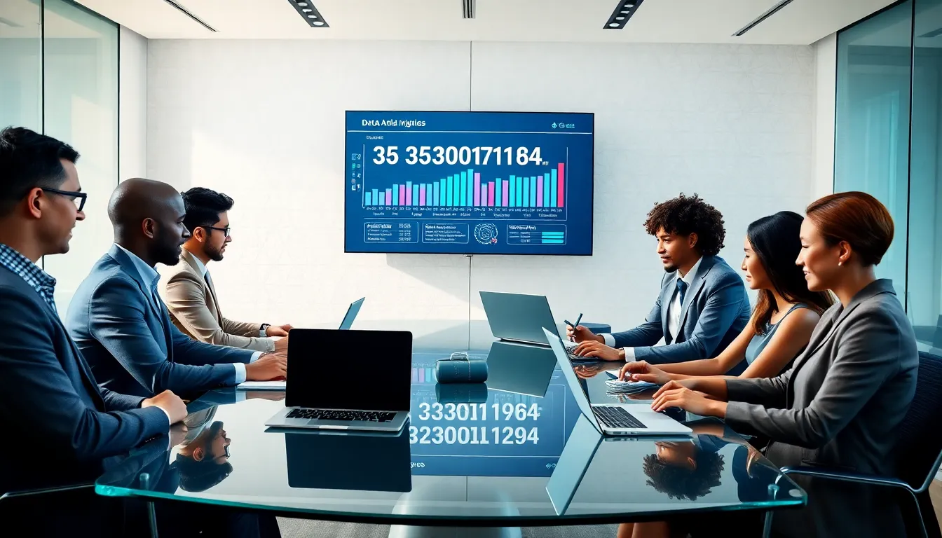 diverse team discussing data analytics in a modern office.